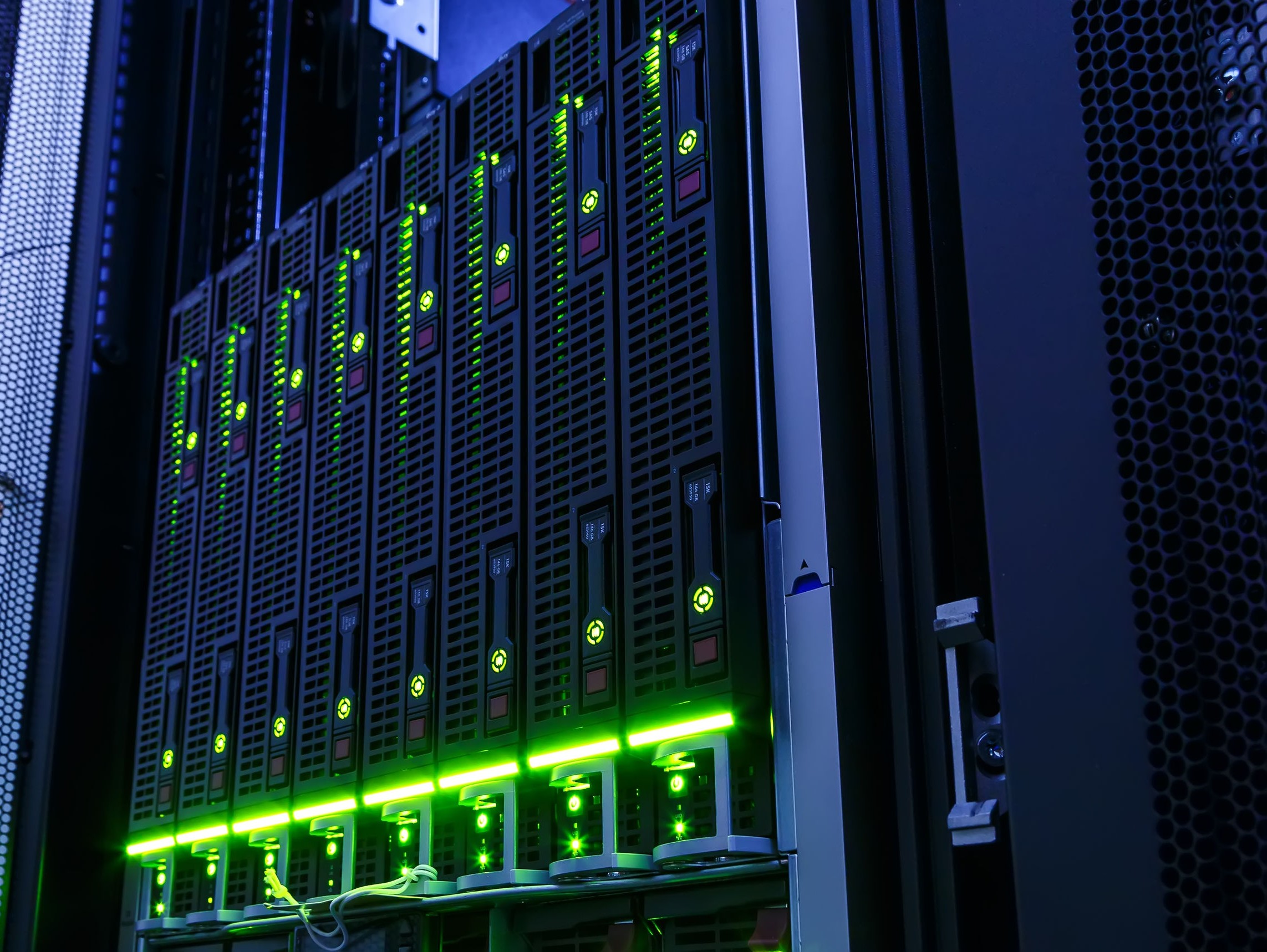 53405632 rack with blade behind bars mainframe in the data center